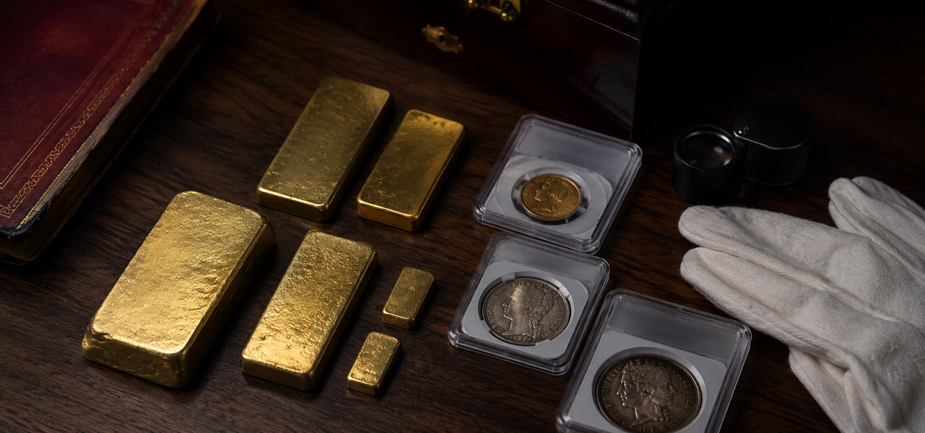 Gold bars and graded rare coins on a dealer’s desk with a loupe and gloves